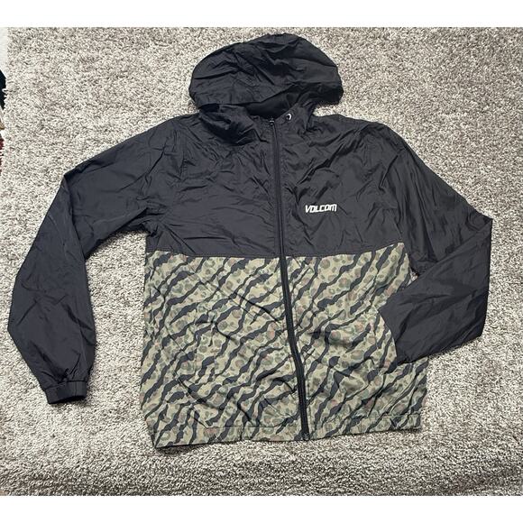Volcom Windbreaker Jacket Medium Black/Camo x Cheetah Water-Resistant Hood 600MM - Picture 1 of 13